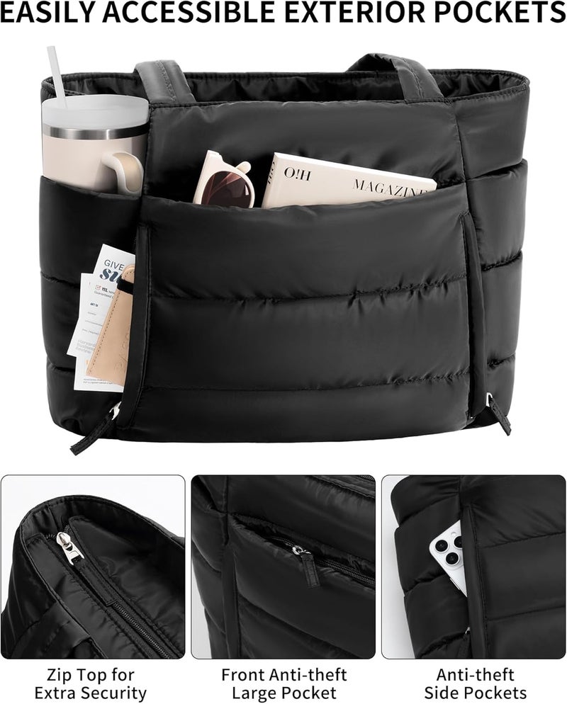 Bagstellar Puffer Tote Bag for Women, Lightweight Puffy Work Handbag Teacher Nurse Quilted Shoulder Bag for School Travel Gym | Cloud Bag w/ Zipper, Daily College Bags, 15.6" Computer Bag, Clinical Nursing Bag, 40 OZ Tumbler Holder, Ideal Gift for Women - Image 4